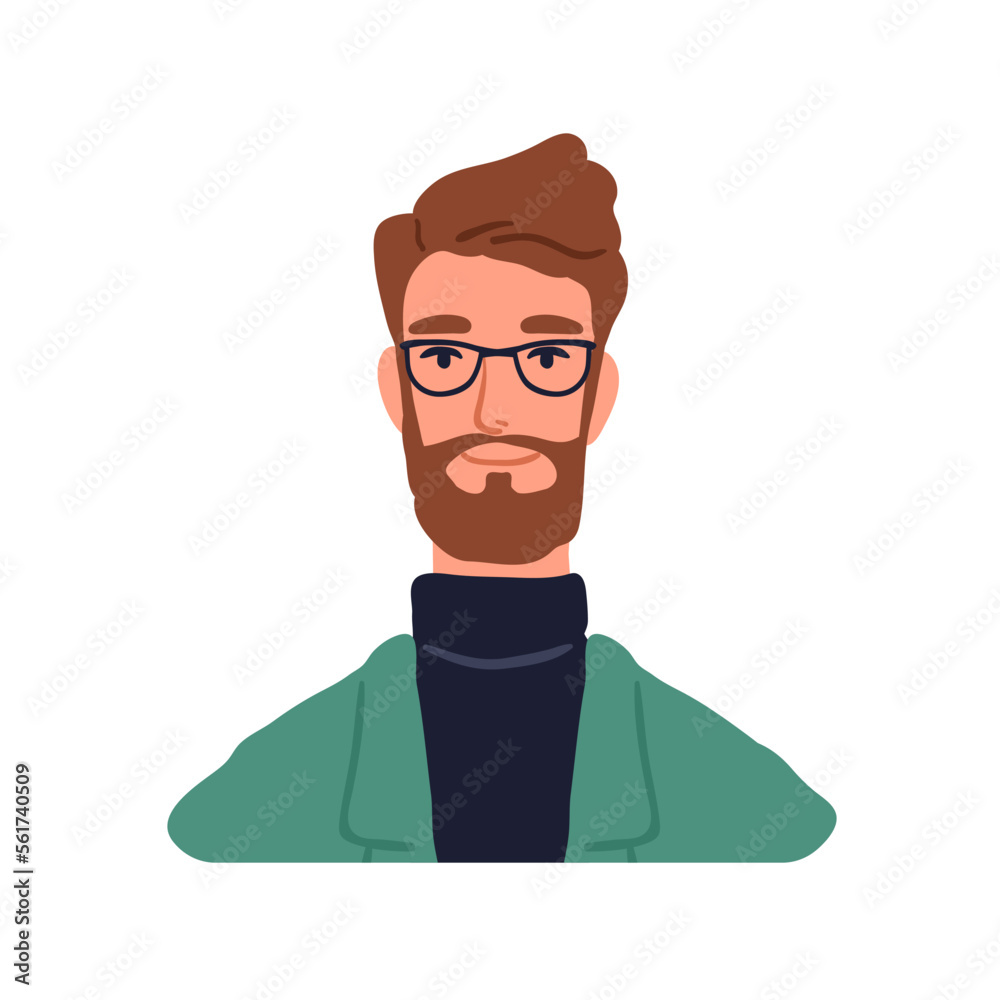 Young businessman, face head portrait. Business man in eye glasses. Bearded male character in eyeglasses. Modern smart office worker, expert. Flat vector illustration isolated on white background