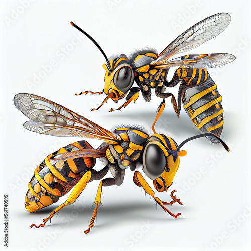 Wasps (Vespidae, Vespids) illustration isolated on white background. List of largest insects. Classification of Insect Orders. Plague of insects. photo