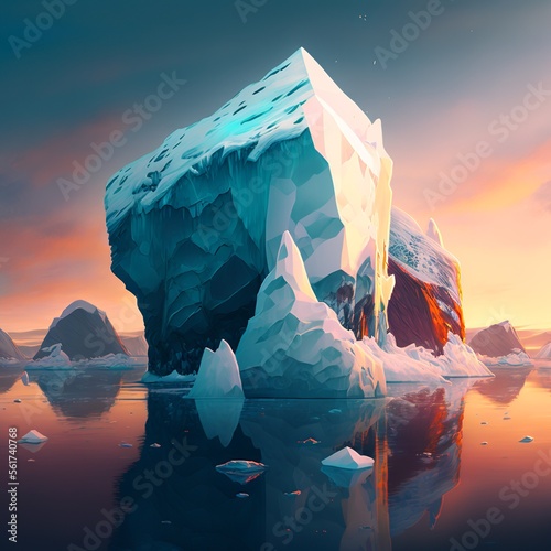 iceberg landscape in sunset with frozen water