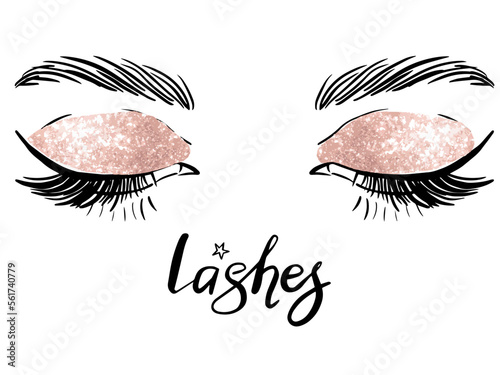 Hand draw brows and lashes vector illustration. Closed eyes.