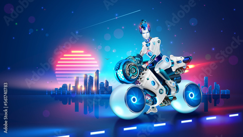 Woman cyborg biker on motorbike. Robot girl on motorbike. Cool female biker on white sport motorcycle on road. Sci-fi futuristic cyberpunk transport vehicle. White fiction motorbike in cityscape.
