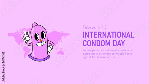 international condom day banner with condom cartoon character