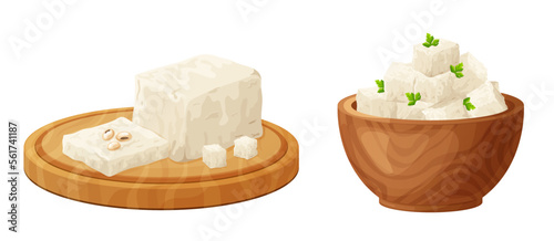 Tofu on wood board, soybean, olive. Composition of sliced feta in cartoon style. Vegetarian healthy food. Greek traditional cheese. Vector illustration isolated on white background