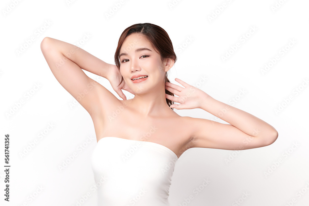 Beautiful Young Asian woman lifting hands up to show off clean and hygienic armpits or underarms on white background, Smooth armpit cleanliness and protection concept Beautiful Young Asian woman lifting hands up to show off clean and hygienic armpits or underarms on white background, Smooth armpit cleanliness and protection concept