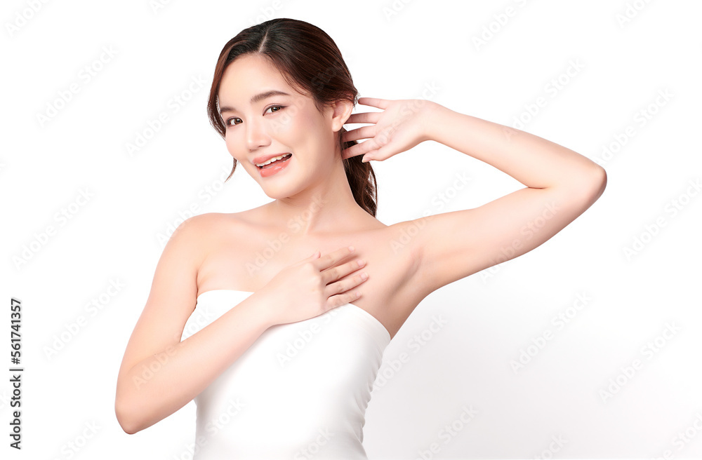 Beautiful Young Asian woman lifting hands up to show off clean and hygienic armpits or underarms on white background, Smooth armpit cleanliness and protection concept Beautiful Young Asian woman lifting hands up to show off clean and hygienic armpits or underarms on white background, Smooth armpit cleanliness and protection concept