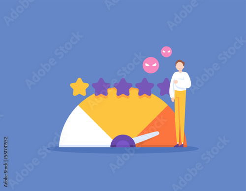 poor performance and bad reputation. customer reviews and low ratings. a businessman is sad because his business gets one star. unsatisfactory service. illustration concept design. graphic elements