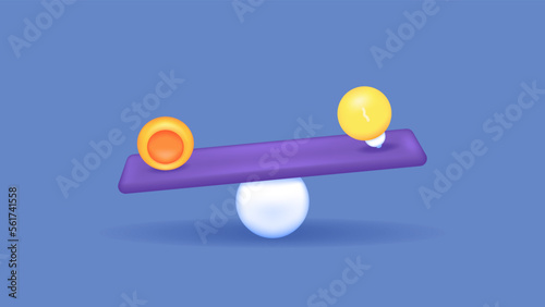 symbols of coins, lights, seesaw, scales. the value of an idea and the balance of money and ideas. assessment, solution, and creativity. 3d and realistic illustration concept design. graphic elements