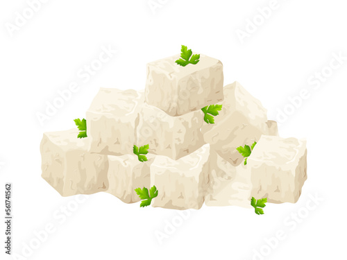Tofu pieces soy bean. Curd nutrition , healthy food. Vegan organic soy cheese. Vector illustration isolated on white background
