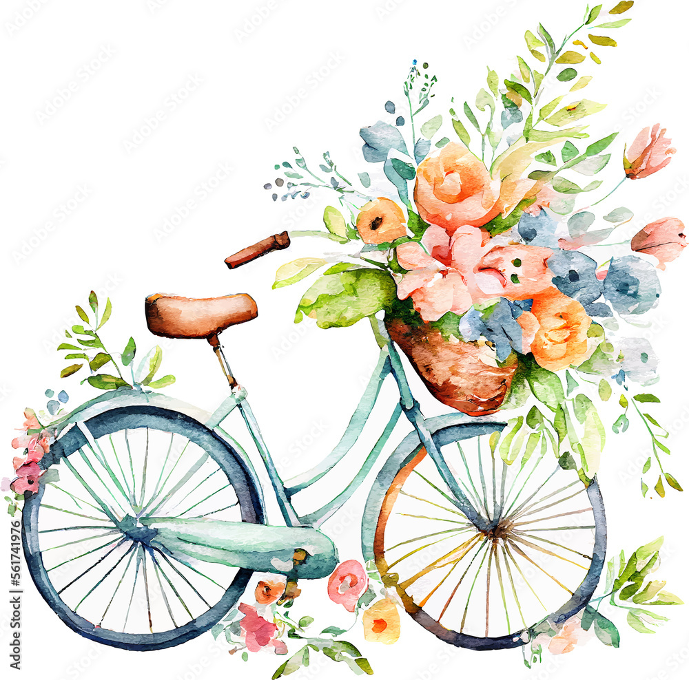 Cute Spring Watercolor Bicycle with Flowers