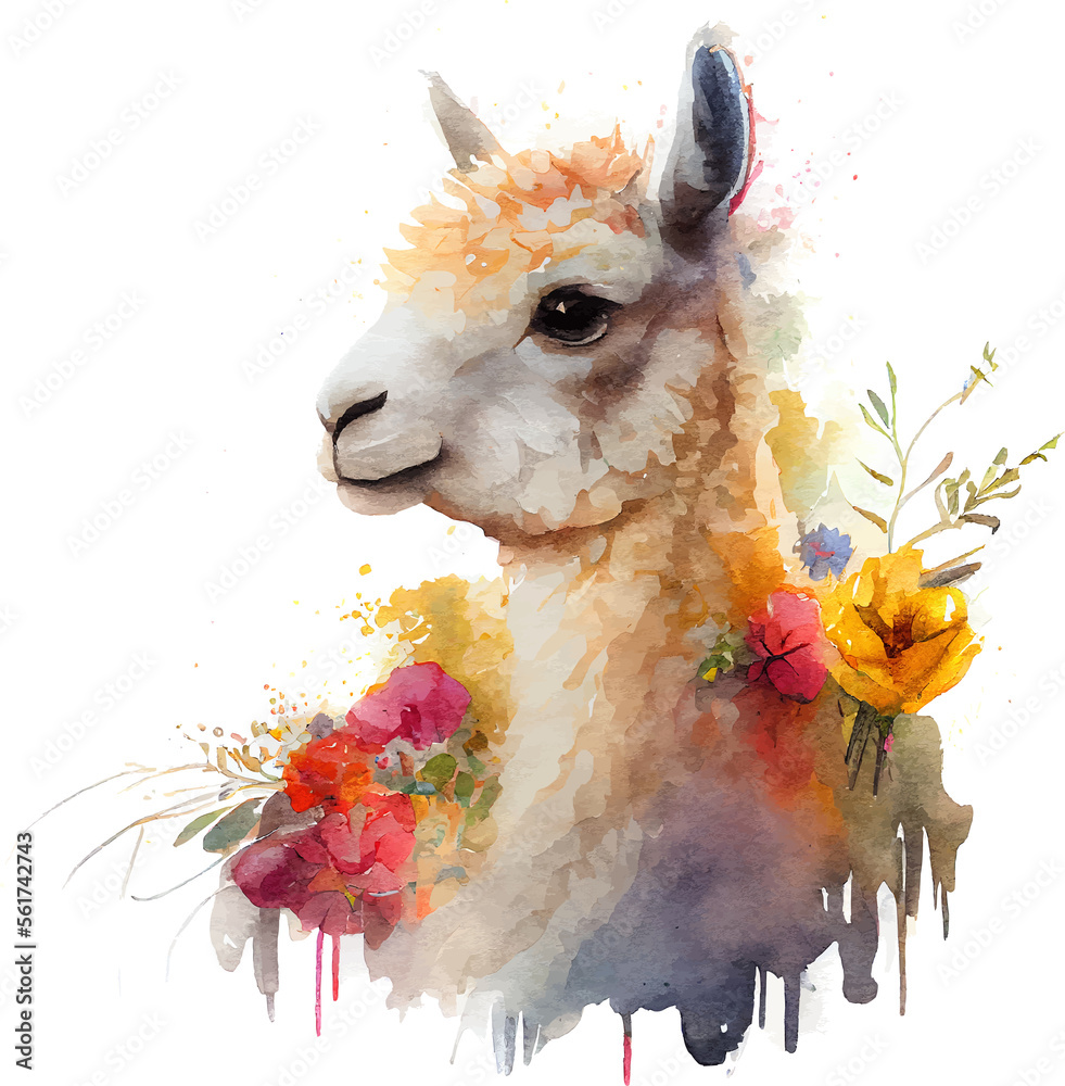 Obraz premium Cute Watercolor Funny Lama Background with Flower