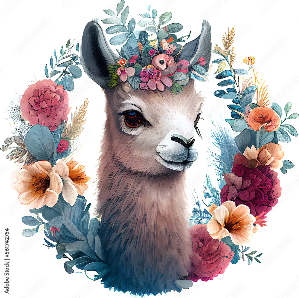 Fototapeta premium Cute Watercolor Funny Lama Background with Flower