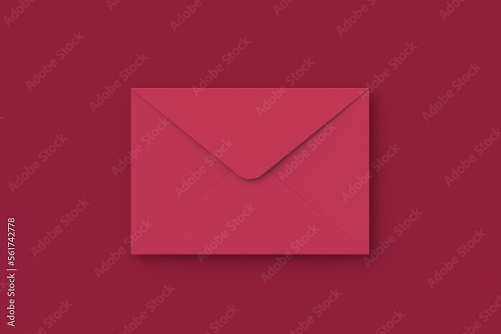 Envelope of magenta on red background. Color of the year 2023. 3d render Envelope of magenta on red background. Color of the year 2023. 3d render