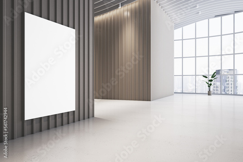 Modern light hallway interior with empty white mock up banner, designer walls, panoramic window, decorative plants and city view. 3D Rendering.