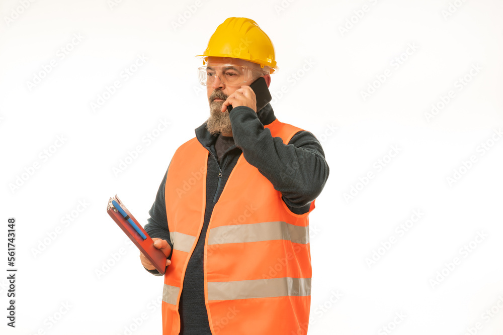 Professional engineer inspector foreman at work , construction manager working in manufacturing technology, man at work concept, on white background in yellow helmet and orange vest. Professional engineer inspector foreman at work , construction manager working in manufacturing technology, man at work concept, on white background in yellow helmet and orange vest.