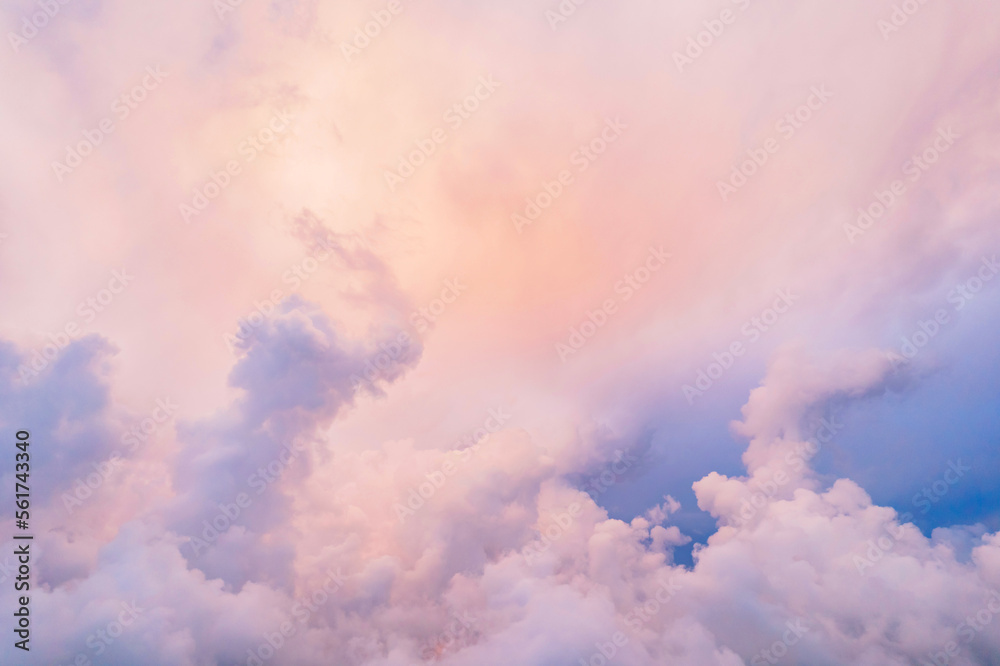 Beautiful panoramic view of the sunset sky, painted with blue, purple, pink colors. Drone shot top view.