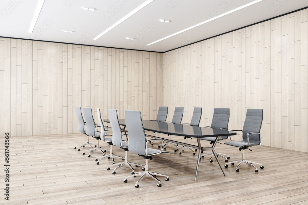 Perspective view on stylish meeting table surrounded by office chairs in empty conference room with wooden floor and light wall background. 3D rendering - obrazy, fototapety, plakaty 