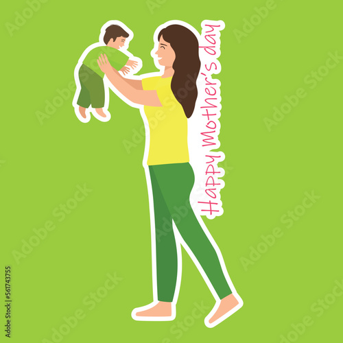 Mother holds a child in her arms. Square card for Mother's Day. Mother and baby isolated on background. 