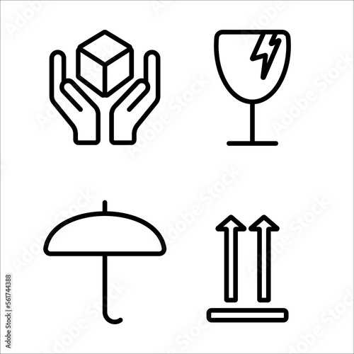 Postal symbols vector illustration set. Fragile handle with care dry up sign. Black and white designation. Caution fragile. Symbol for sending box. Mail signs set. Glass designation. Sign up arrow
