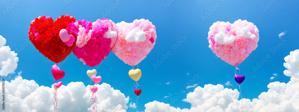 Banner background of Four valentines day hearts balloons floating in puffy cloud sky Generative AI