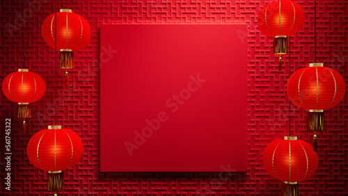 Red Asian Design Template featuring Square Frame and Lanterns  with copy-space. Lunar New Year Background with 3D Pattern.