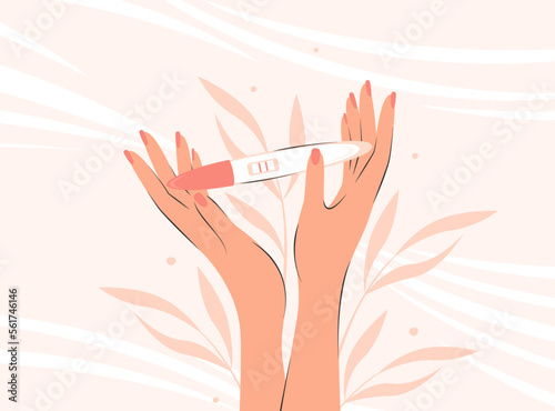 Female hands holds pregnancy test or ovulation with positive result in the form of two lines. Child planning and motherhood concept. Vector illustration.