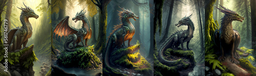 Dragon guarding the forest, natural landscape, fantasy world, digital illustration set, AI generated © Graphinate