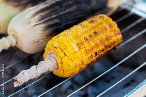 Charcoal-grilled corn using charcoal made from rubber wood