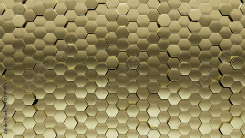 3D, Hexagonal Wall background with tiles. Glossy, tile Wallpaper with Polished, Gold blocks. 3D Render photo