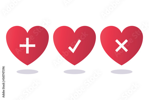 Set Of Red Tick Cross And Plus Hearts