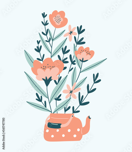 Vector hand-drawn flowers in teapot. Spring bouquet in flat style. Floral card design.