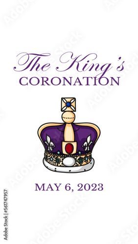 England - 6th of May 2023: Poster for King Charles III Coronation with British flag vector illustration. Greeting card for celebrate a coronation of Prince Charles of Wales becomes King of England.  photo