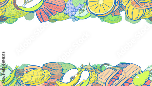 Background pattern abstract design texture. American food and Fruits. Horizontal seamless stripes. Border frame, transparent background. Theme is about bakery products, leaflet, french fries