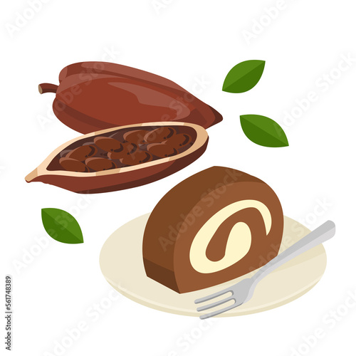 chocolate roll cake and a fresh cocoa fruit