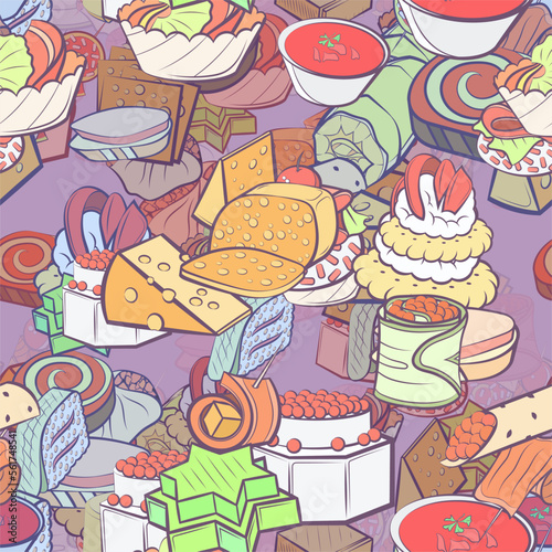 Background pattern abstract design texture. Seamless. Snacks and Cheeses. Theme is about vitamins, jelly, six-pointed, sweet, thinly sliced, bacon, soup, sugar, wand, big, fish, dough, meat