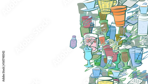 Background pattern abstract design texture. Cutlery and Drinks. Vertical seamless stripe. Border frame, transparent background. Theme is about figured glass, meat hammer, grater, kitchen knife