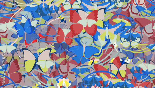 Background pattern abstract design texture. Seamless. Theme is about silhouette, exotic, fly, drawing, stripes, Pipevine, colorful, decoration, tropical, Monarch, Butterfly, striped fabric