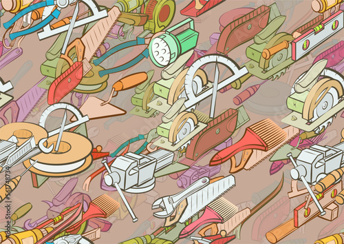 Background pattern abstract design texture. Seamless. Building tools and Repair. Theme is about heavy tool, wooden, wedge, for the garage, evenness, leveling, steel, mounting, froze, painting walls