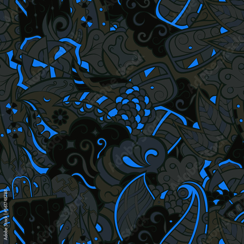 Tracery seamless pattern. Mehndi design. Dark sharp colors. 7 colors. Ethnic doodle texture. Curved doodling background. Vector