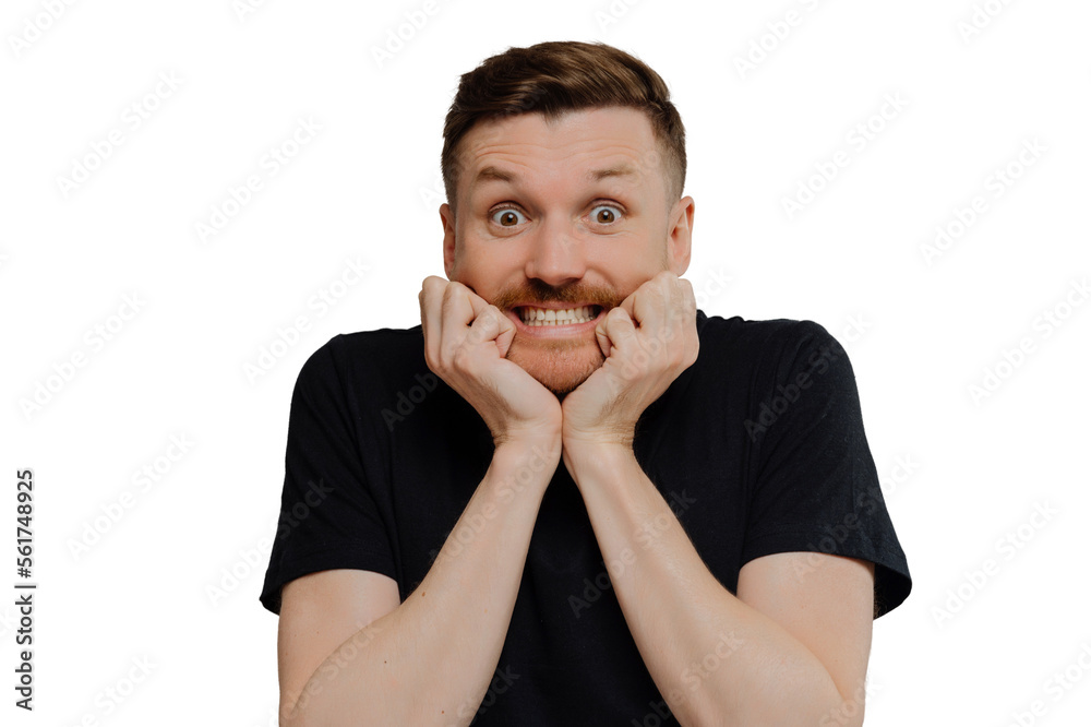 Scared shocked young unshaven man being afraid of something or feeling nervous Scared shocked young unshaven man being afraid of something or feeling nervous