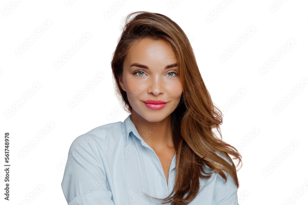 Headshot of lovely European lady has blue eyes, red painted lips, healthy skin, long hair, looks directly at camera, wears shirt, poses over background. Beautiful woman ready for job interview Headshot of lovely European lady has blue eyes, red painted lips, healthy skin, long hair, looks directly at camera, wears shirt, poses over background. Beautiful woman ready for job interview