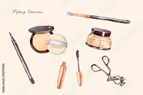 Watercolor makeup tools and cosmetic products collection