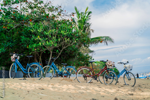 Bicycles for rent on a sandy beach next to the ocean on a background of tropical greenery.