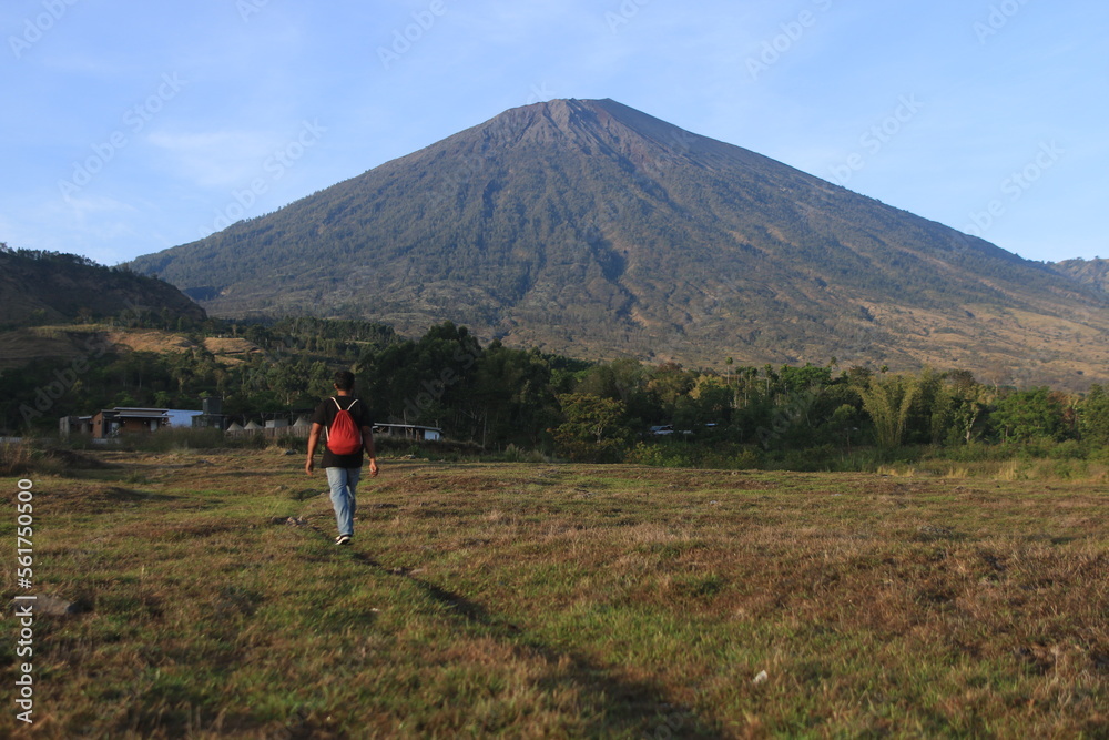 View of the Sembalun village of Lombok, Mount Rinjani, the hills of Sembalun Lombok