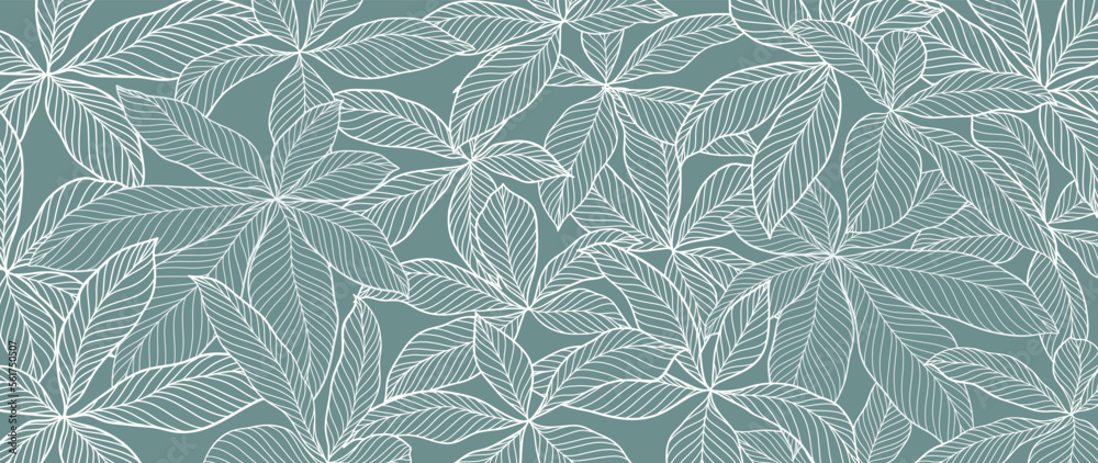 Botanical foliage line art background vector illustration. Tropical palm leaves white drawing contour pattern background. Design for wallpaper, home decor, packaging, print, poster, cover, banner. - obrazy, fototapety, plakaty 