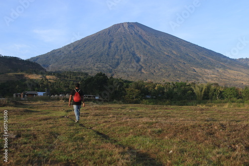 View of the Sembalun village of Lombok, Mount Rinjani, the hills of Sembalun Lombok