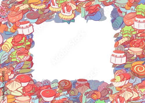 Background pattern abstract design texture. Seafood and Snacks. Border frame, transparent background. Theme is about caramel, tartlet, covered, biscuit, star, jelly, sea, mini cake, borscht
