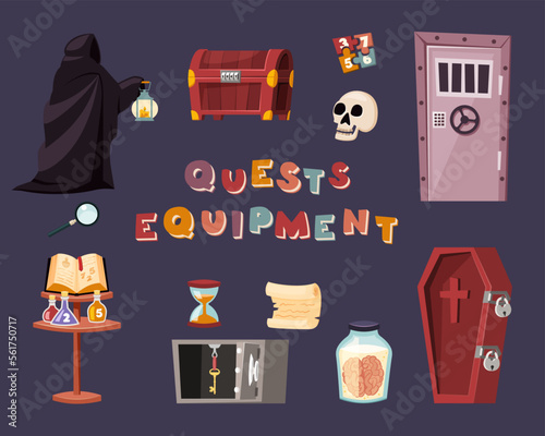 quest room. mind game escape from room with secret keys. Vector cartoon set chest tomb skull and map