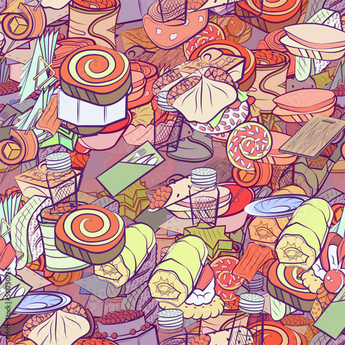 Background pattern abstract design texture. Seamless. Snacks and Table setting. Theme is about lettuce leaf, Khinkali, cream, board, sweetness, caviar, cheese, napkin holder, biscuit, soup