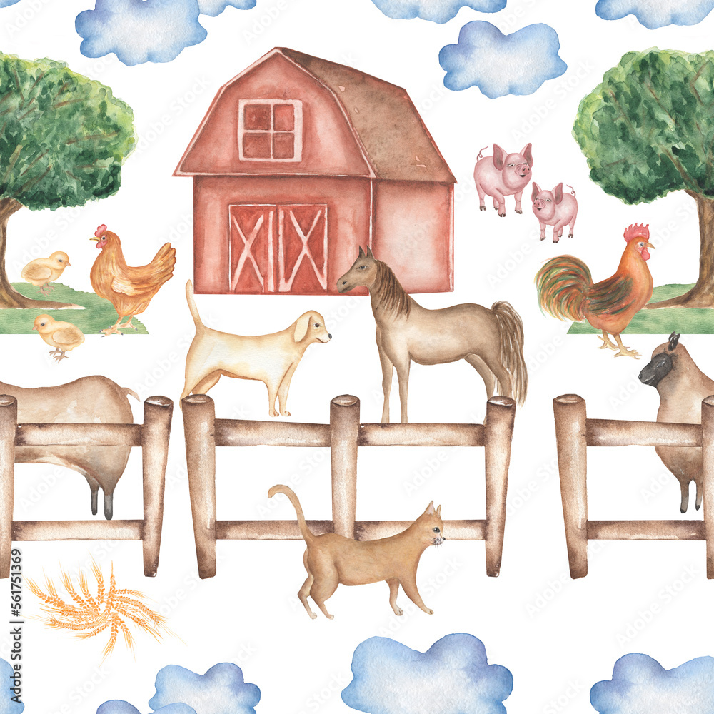 Watercolor farm animals seamless pattern. Hand drawn objects: cute pink ...