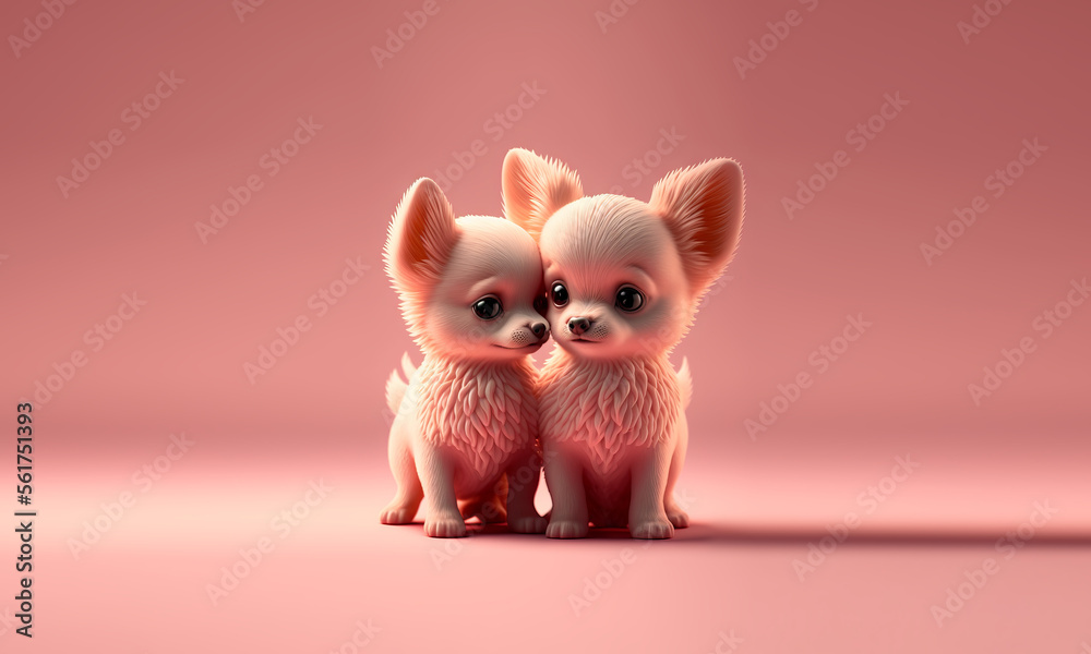 Obraz premium Two cute dogs in love on pink empty background. Puppys celebrating Valentine’s Day. Pets close to eachother in cartoon style. Fictitious generative Ai